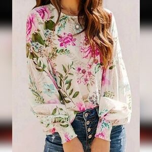 Vici Floral Long Sleeve Blouse in Pink, Green & Cream